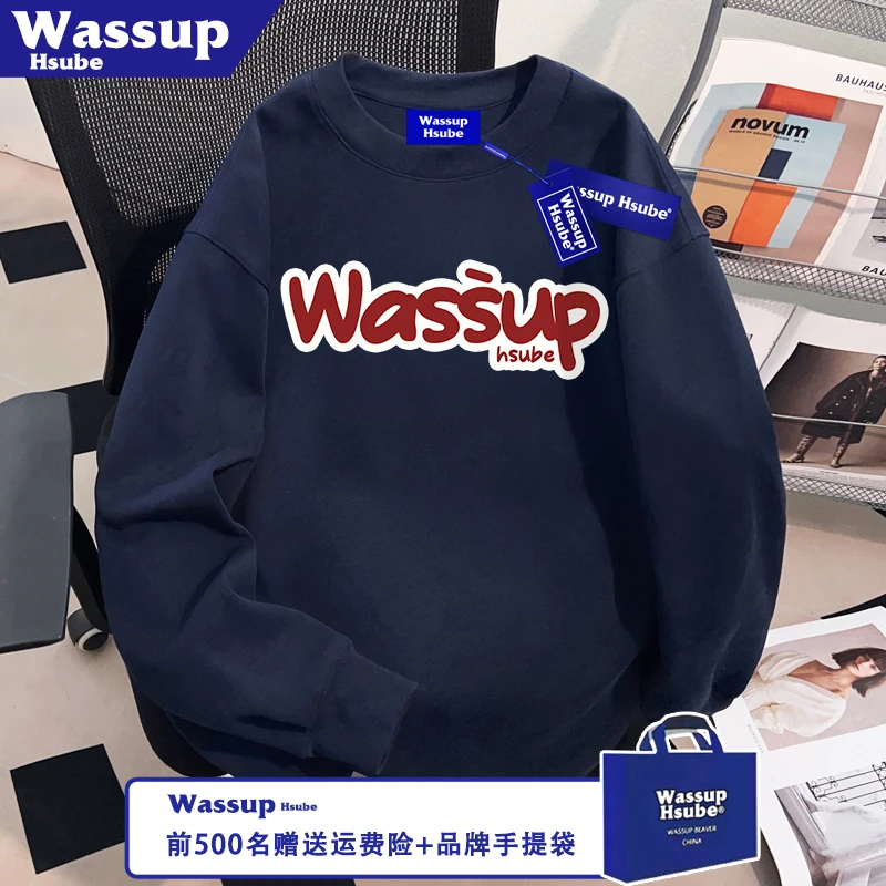 WASSUP HSUBE卡通字母印花T恤藏青男女款长袖ins秋季纯棉小众上衣