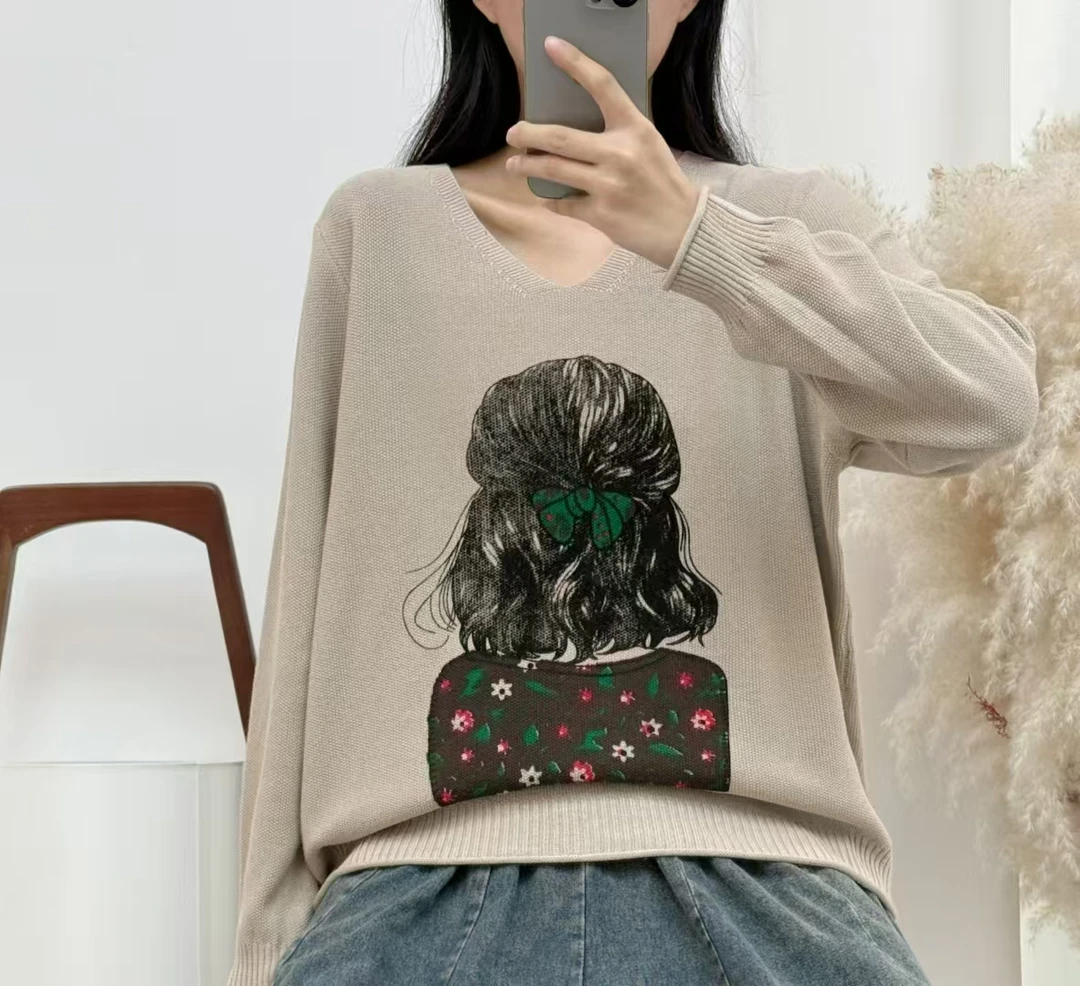 2025春秋季新款V领背影女宽松显瘦针织套头衫棉线显瘦毛衣上衣