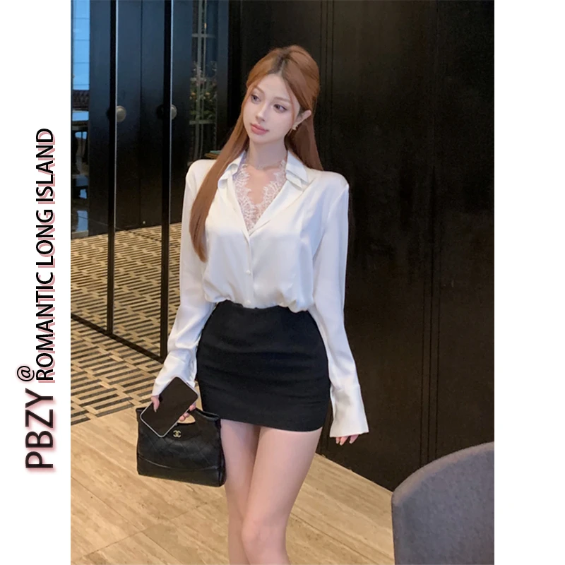 假两件蕾丝拼接衬衣女2025春季纯欲气质衬衫半身裙裤套装 6621#
