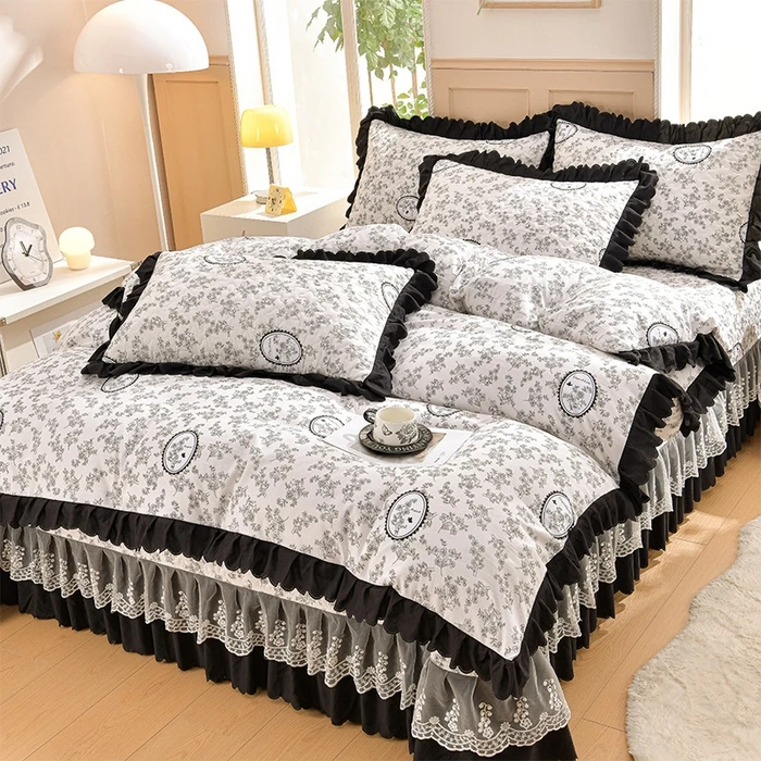 新款针织加厚床盖四件套法式复古被套小清新花边床裙亲肤柔软