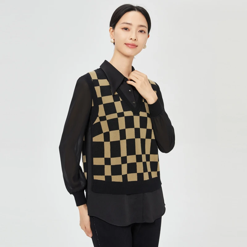 娜尔思时尚假两件棋盘格针织衫女25早春新上衣NZ03436W0