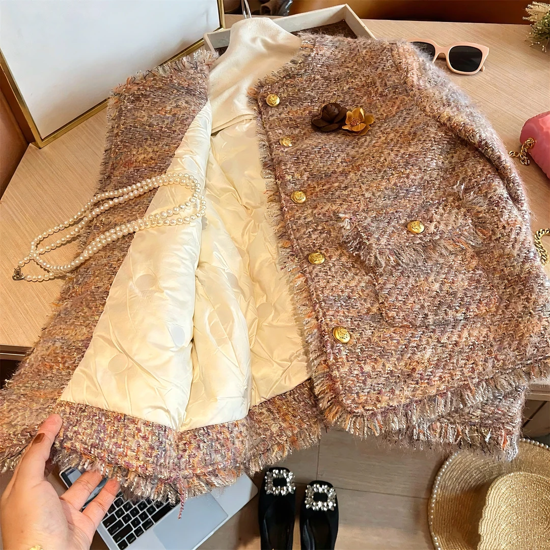 m2558 CC推荐 复古羽绒小香风粗花呢毛边短外套