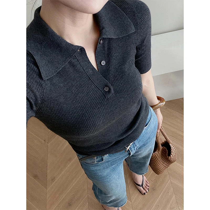 法式高级感薄款Polo领灰色短袖针织衫女夏季短款气质冰丝正肩T恤