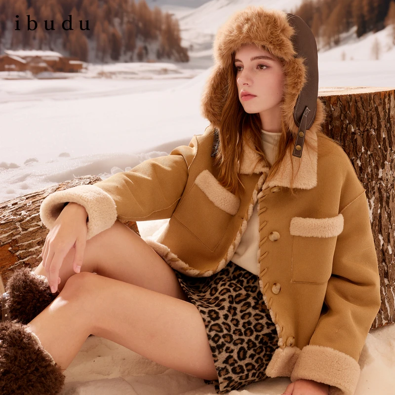 人造皮草 三彩ibudu2025冬季新款环保皮草毛绒外套翻领宽松保暖女