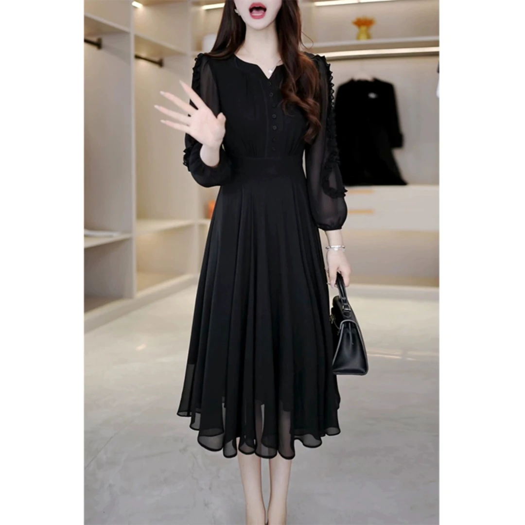 优雅长袖真丝连衣裙女春秋新款女时尚气质显瘦减龄修身中长款裙子