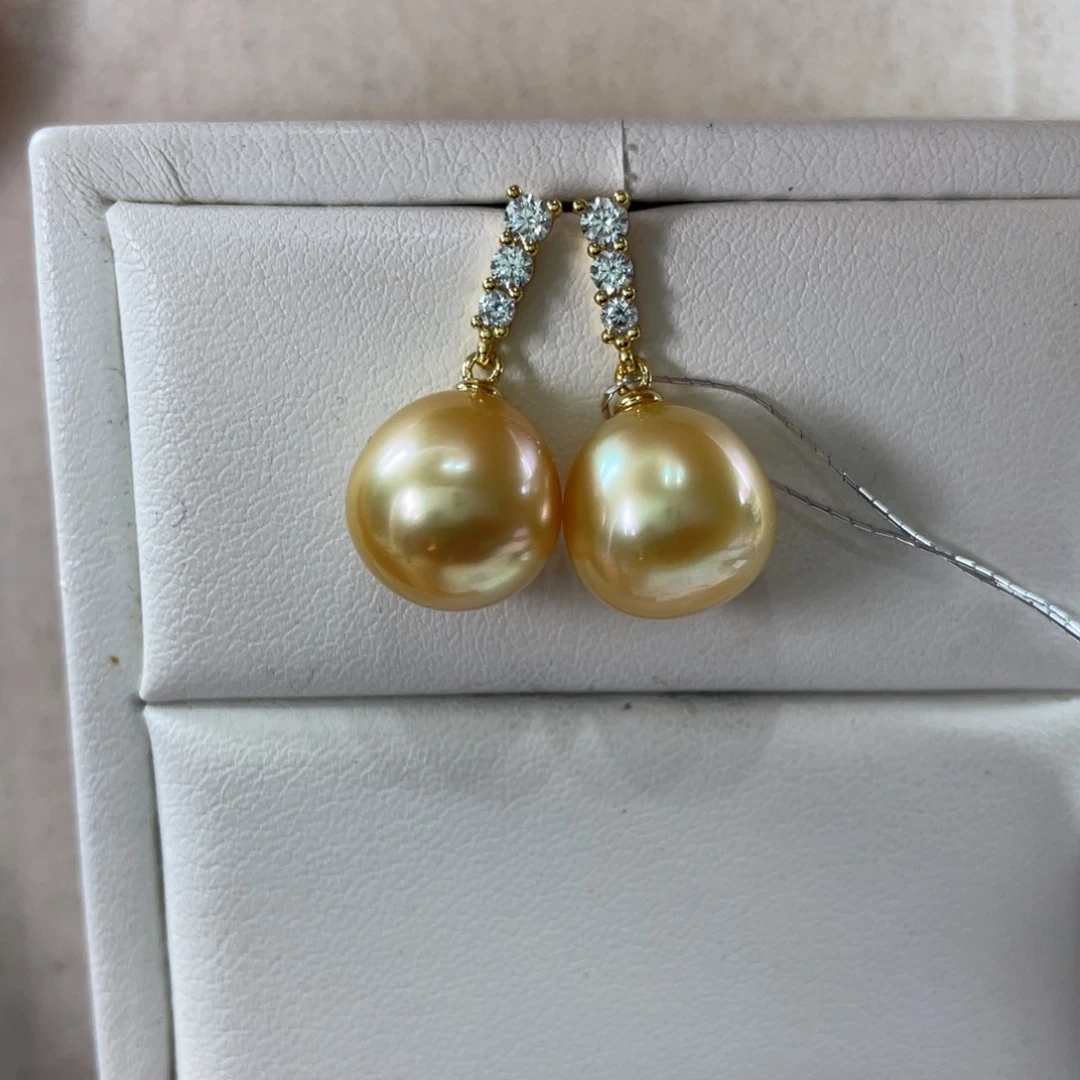 银S925镶嵌耳饰海水珍珠南洋金珠11-12m m