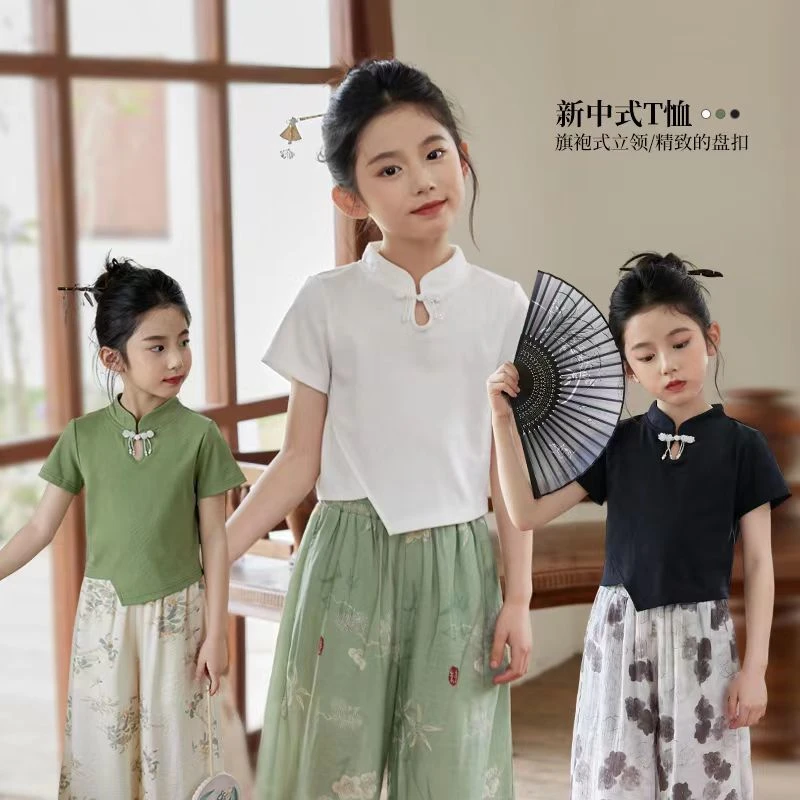 女童夏季新中式国风套装2025新款洋气盘扣短袖儿童长裤两件套夏装