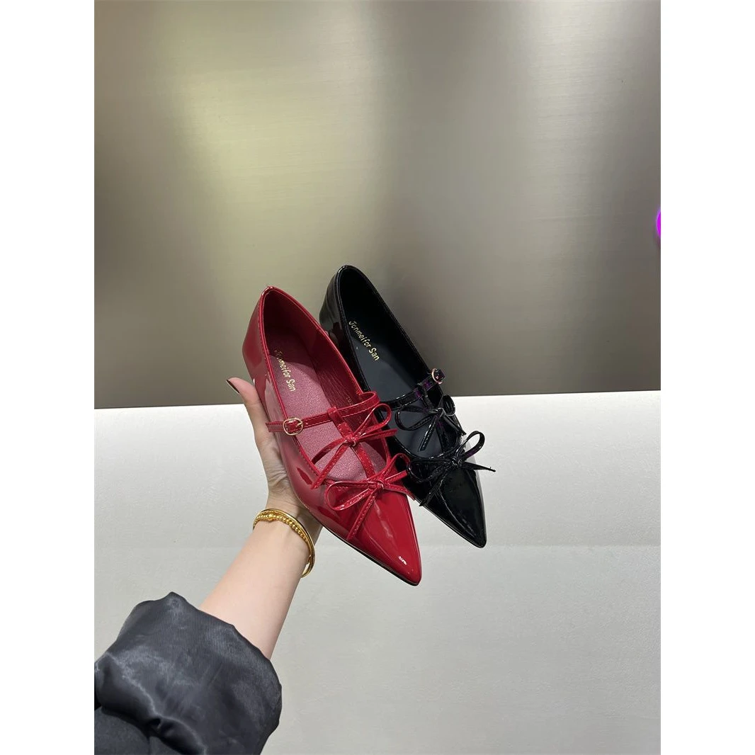 法式时尚气质尖头蝴蝶结单鞋女2025年春秋红色平底玛丽珍单鞋子