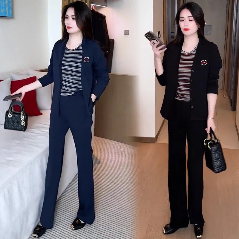 休闲时尚套装女2025秋季洋气显瘦长袖开衫条纹背心阔腿裤两件套