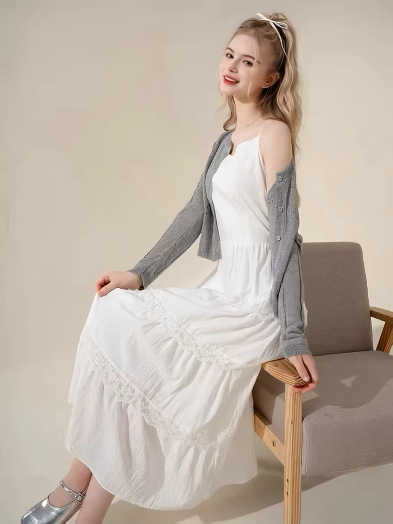 【F3302】素雅气质减龄两件套裙2025夏透气针织衫长款吊带连衣裙