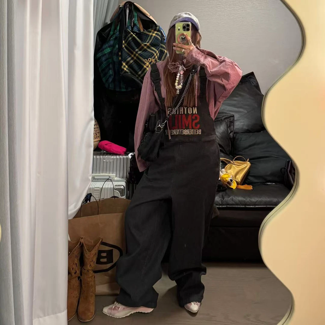 日系街头感牛仔背带裤