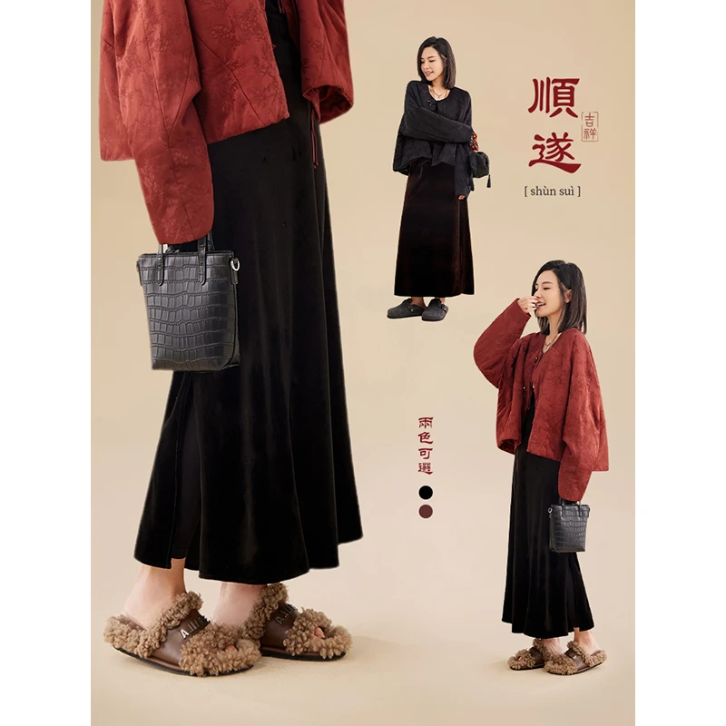 辰辰妈【朝朝暮暮】丝绒半身裙气质显瘦垂感开叉保暖中长款裙7187DM