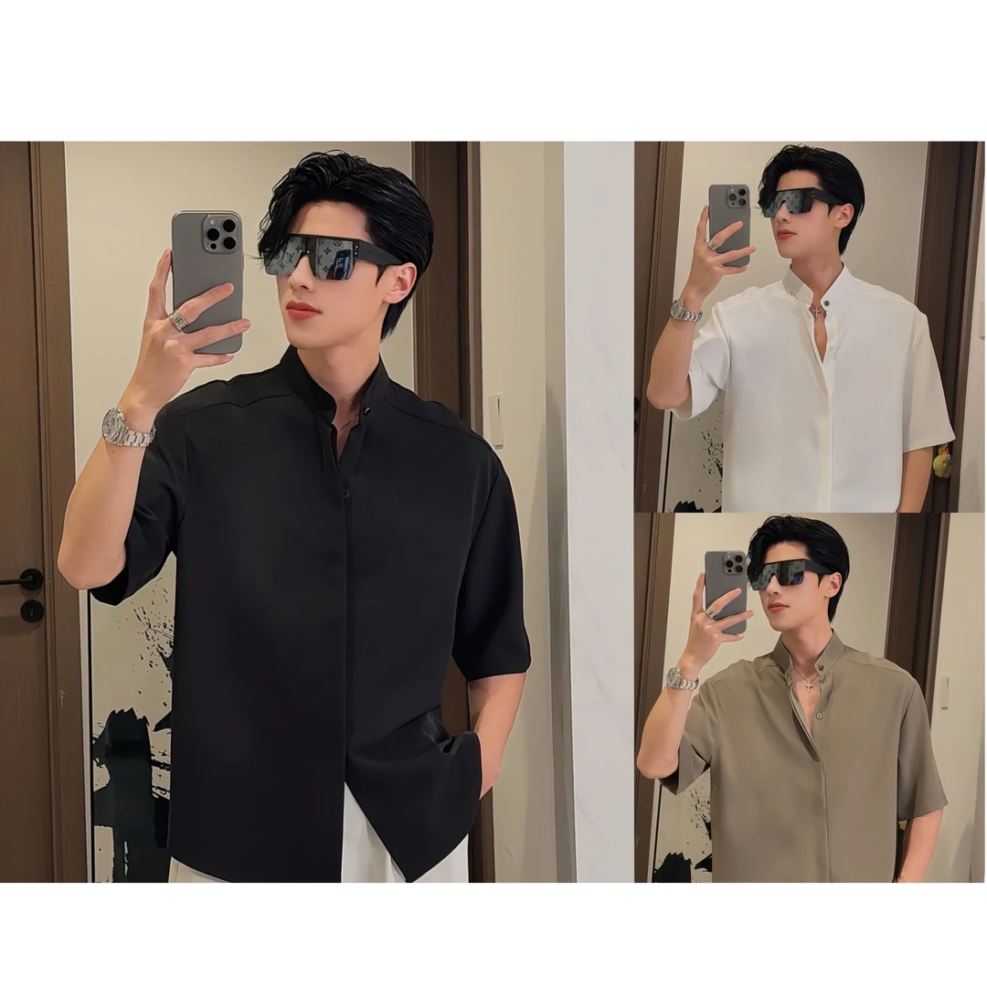 夏季新款男士立领宽松纯色设计师立体裁剪百搭衬衣