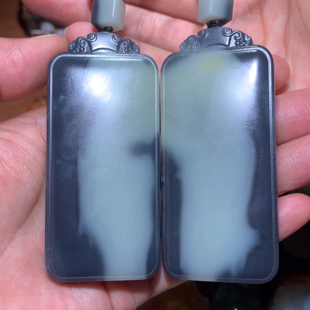 阿***辉足银镀金镶嵌和田玉挂件无事牌一对 200g