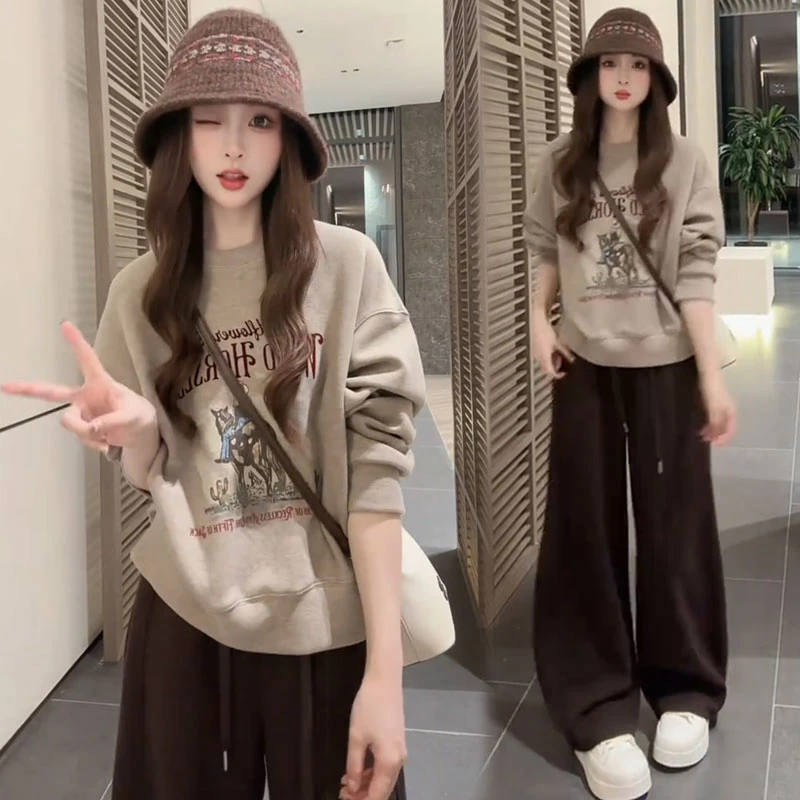 时尚休闲套装女2025秋冬新款洋气字母印花卫衣阔腿裤运动服两件套