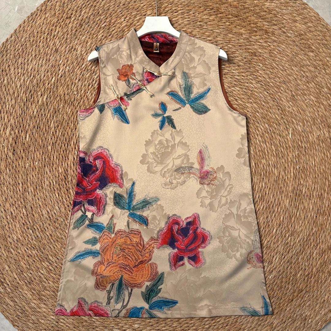 【国色】新中式气质时尚显瘦立领手工盘扣提花无袖长款小衫