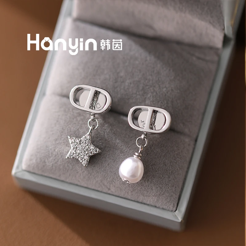 铜合金合成锆石耳饰 925银针cd不对称五角星满微镶耳钉AAA