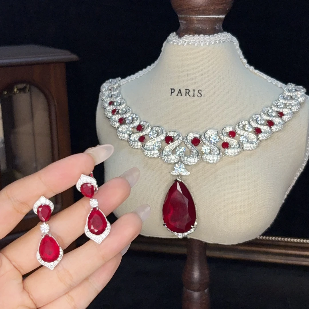 铜合金合成锆石项链 外贸红色水滴S型项链