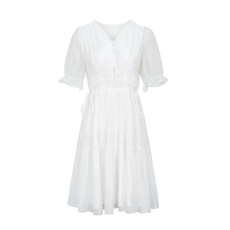 【直播专享】商场同款醋纤腰间抽绳V领连衣裙N195A32934