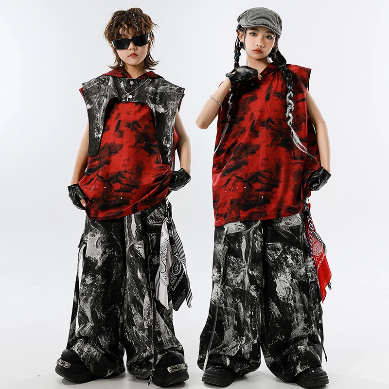 少儿街舞服装嘻哈儿童潮服黑红酷帅男童套装女童走秀六一表演服装