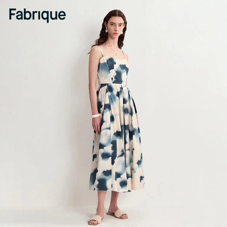 【达人专享】Fabrique花色印花吊带连衣裙夏法式收腰优雅无袖碎花