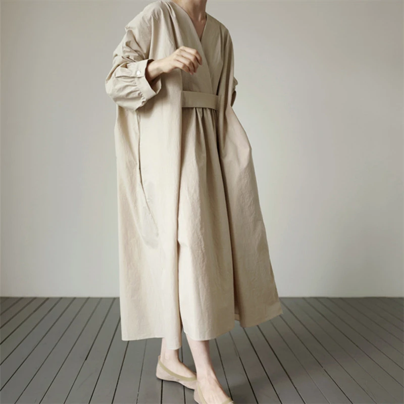 新品女装小清新宽松大码连衣裙过膝长款森女系V领打底衬衫裙裙子