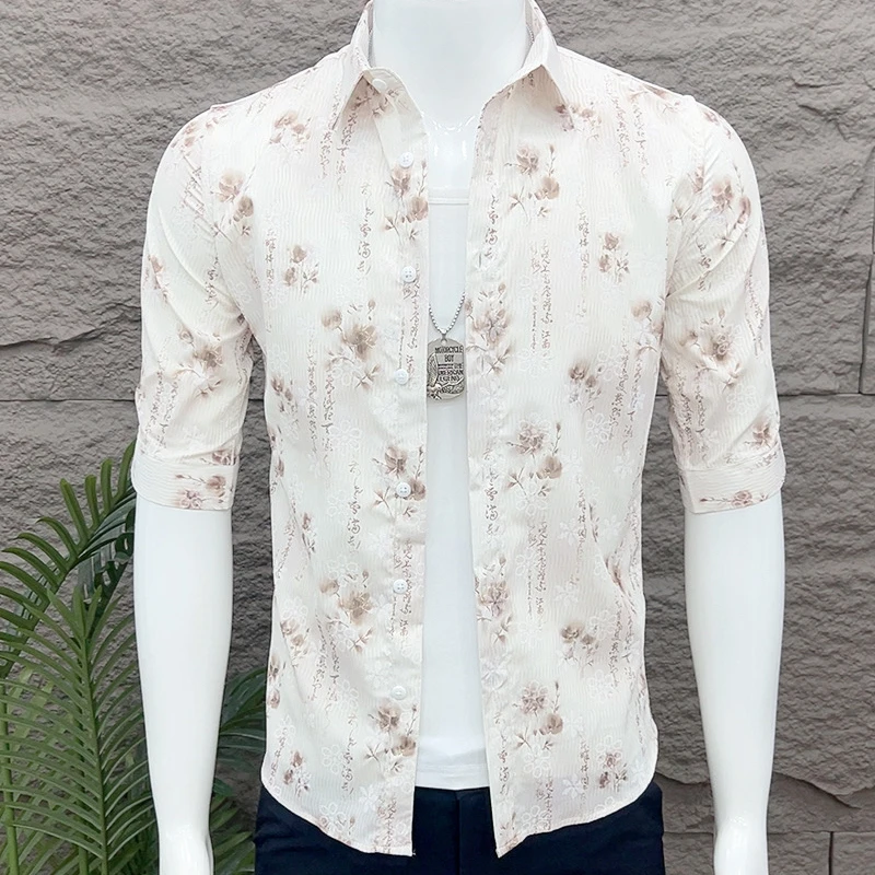 衬衫男高级感痞帅潮牌潮流男士短袖5分袖衬衫修身夏季中袖衬衣13