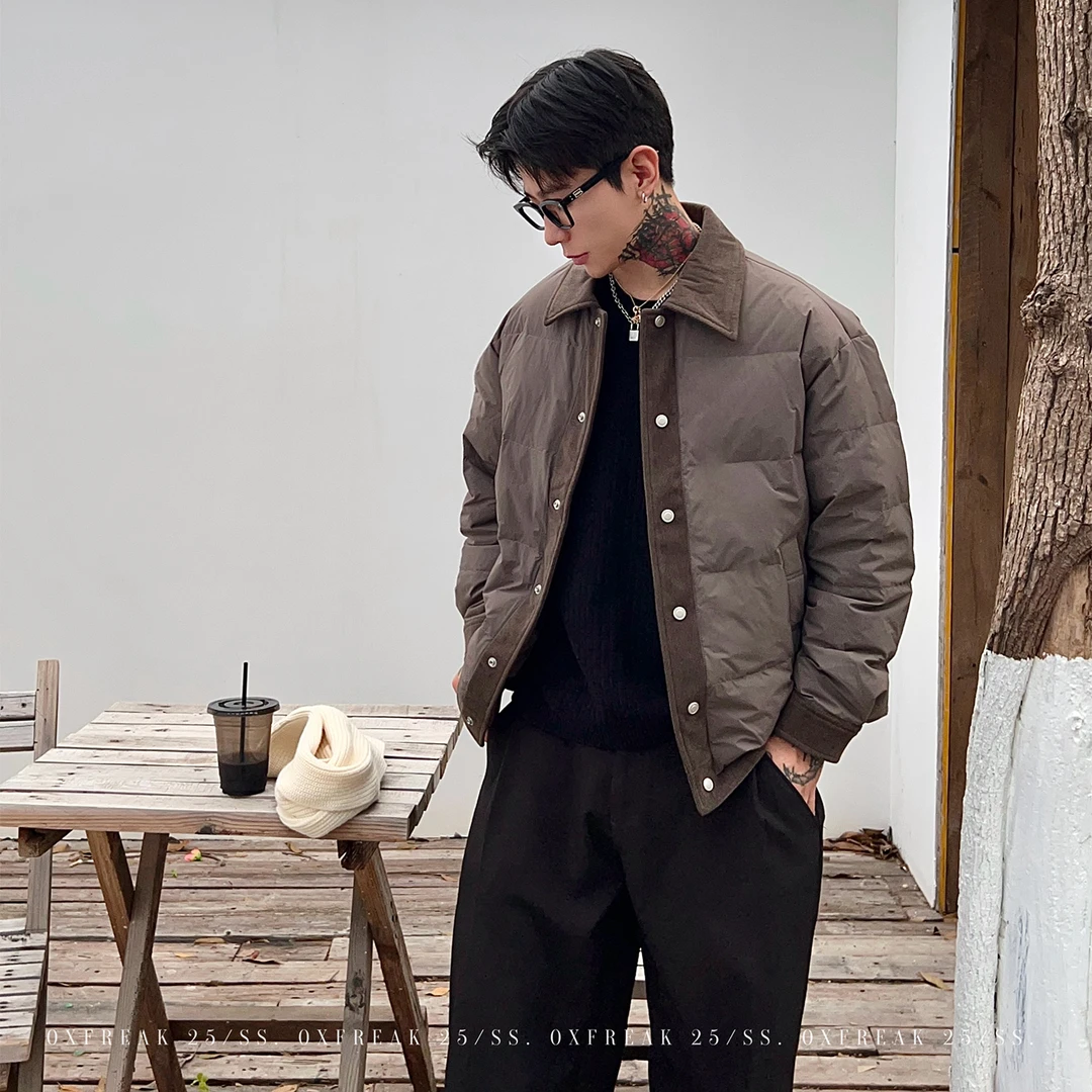 OXFREAK「拼接灯芯绒门襟」90白鸭绒咖色羽绒服男冬季飞行员外套
