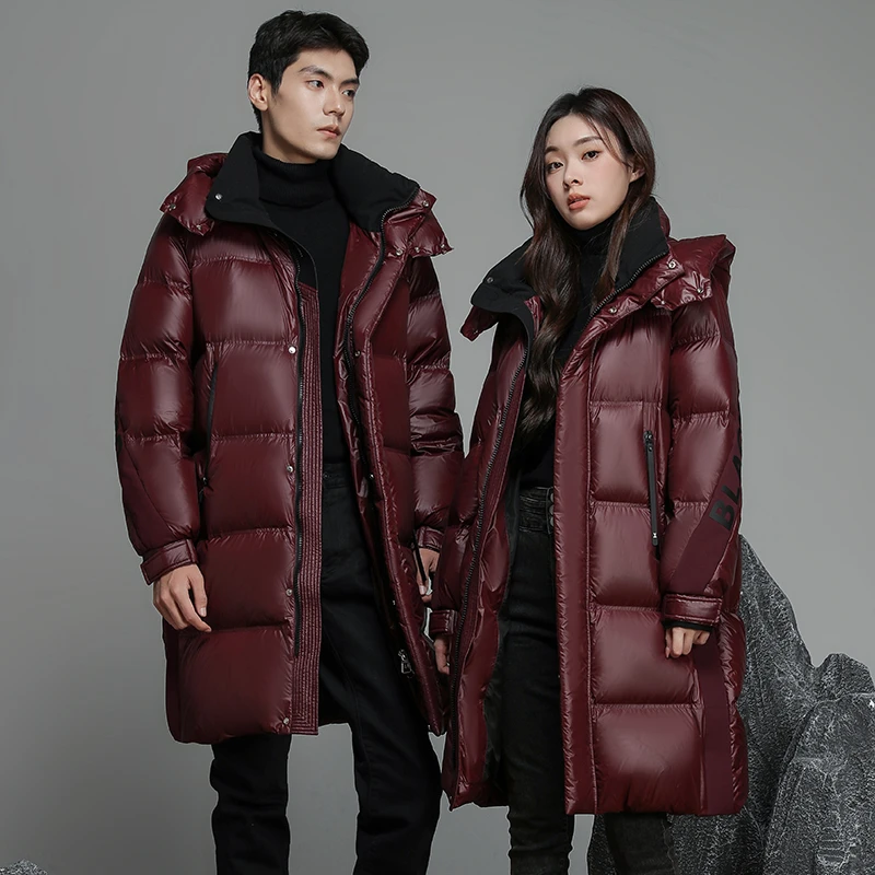 加厚保暖时尚男女同款情侣连帽中长款冬季户外羽绒服YW037