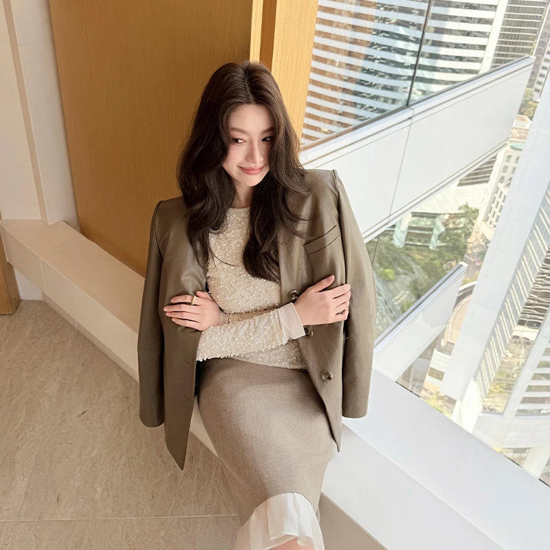 【ALONE SAVOR】气质开领设计通勤百搭肌理感PU皮质西装上衣K019