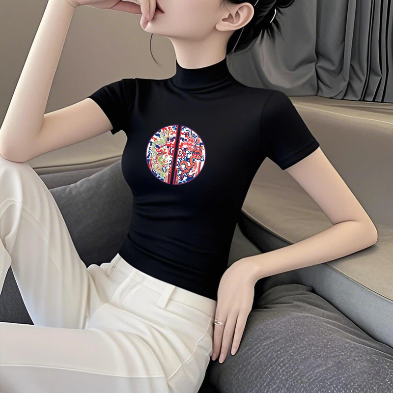 新中式莫代尔冰丝短袖t恤女夏季新款薄款印花修身纯欲慵懒风女装