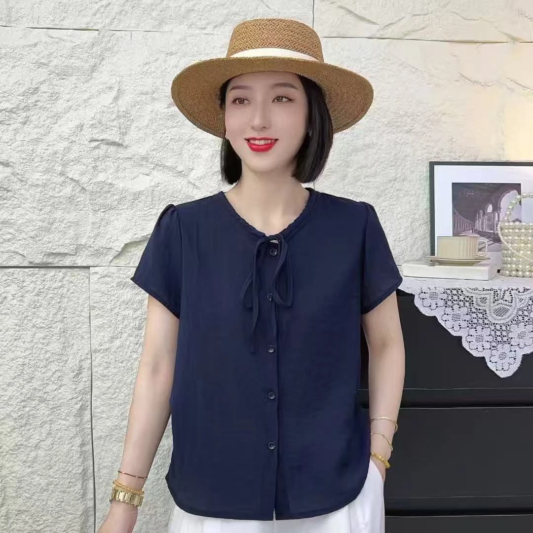夏季新款女士上衣圆领短袖显瘦修身设计感洋气纯色百搭T恤小衫