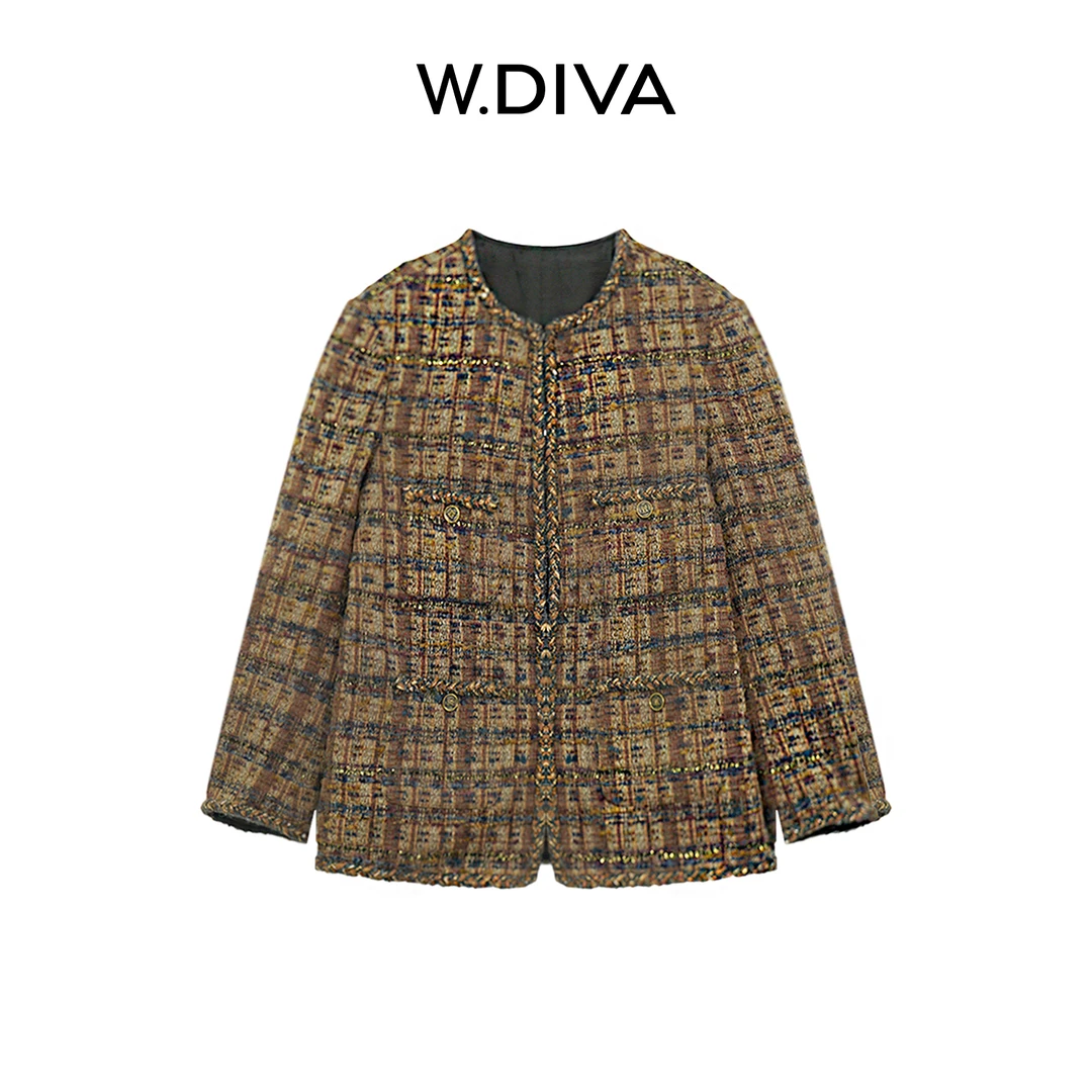 W.Diva【埃及】春季金咖色绵羊毛高级重工老钱小香风外套34C221253