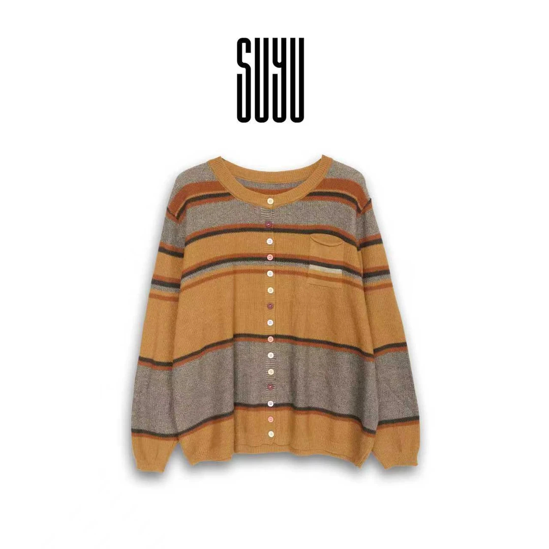 SUYU 【琥珀流光】撞色条纹毛针织衫开衫常规款圆领长袖秋季上衣