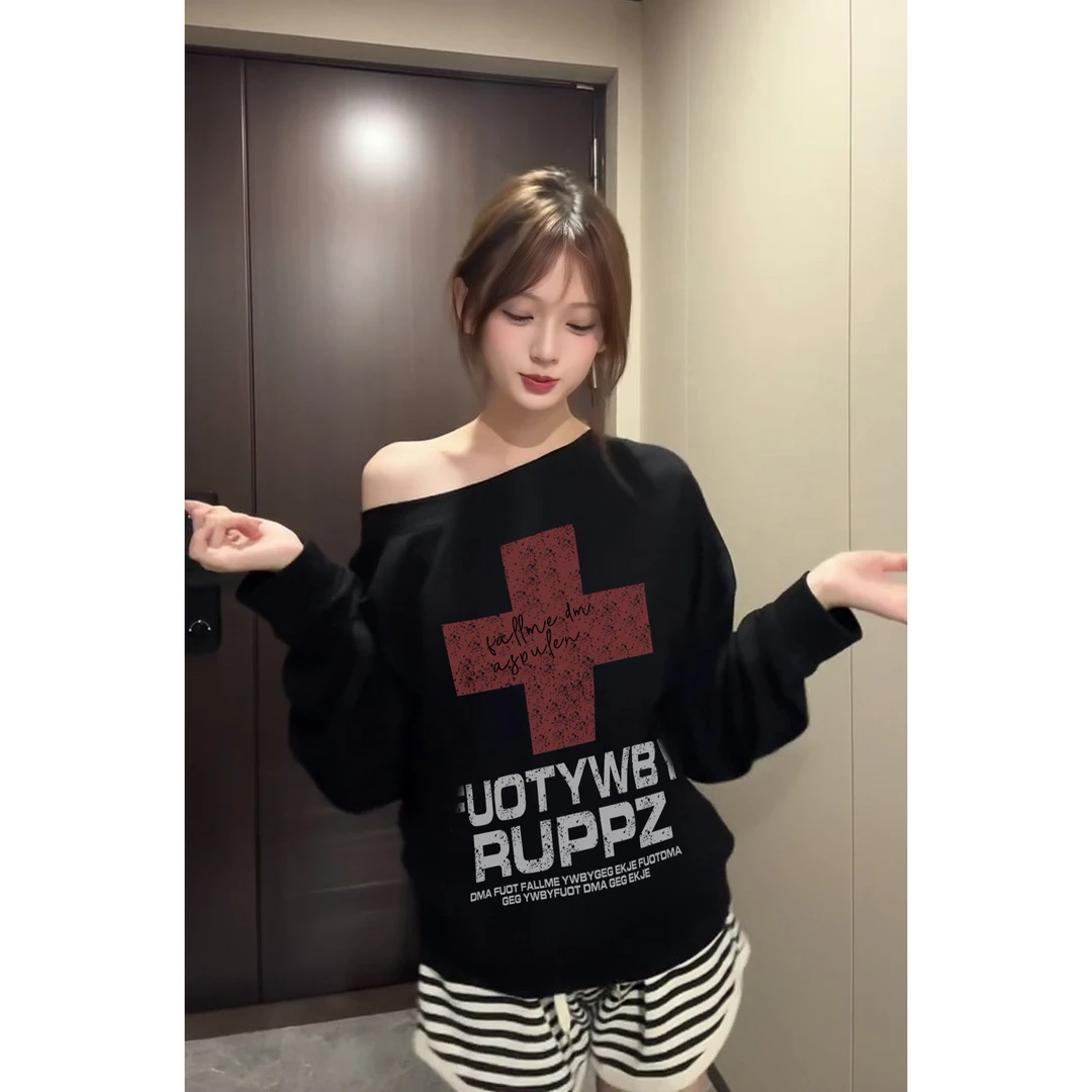 新款早秋薄款美式复古长袖女款辣妹风斜领慵懒字母印花卫衣外套