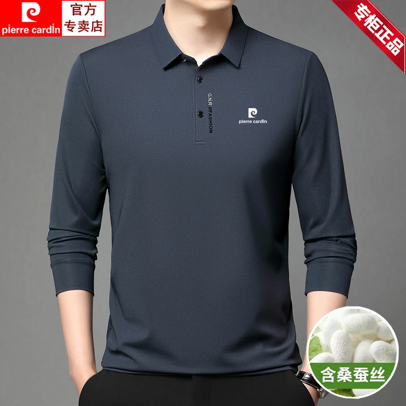 皮尔卡丹春秋新款桑蚕丝长袖t恤男士高档中年大码休闲翻领polo衫