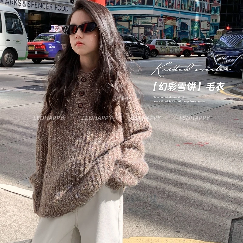 LEOHAPPY【幻彩雪饼】三针幻彩圈圈纱中领针织半开襟套头毛衣