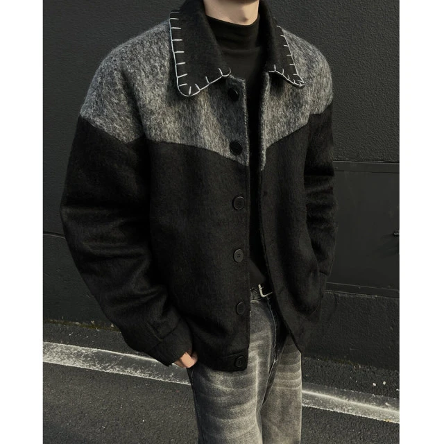 美式工装夹克男款春秋痞帅小香风手工缝线潮流撞色拼接马海毛外套