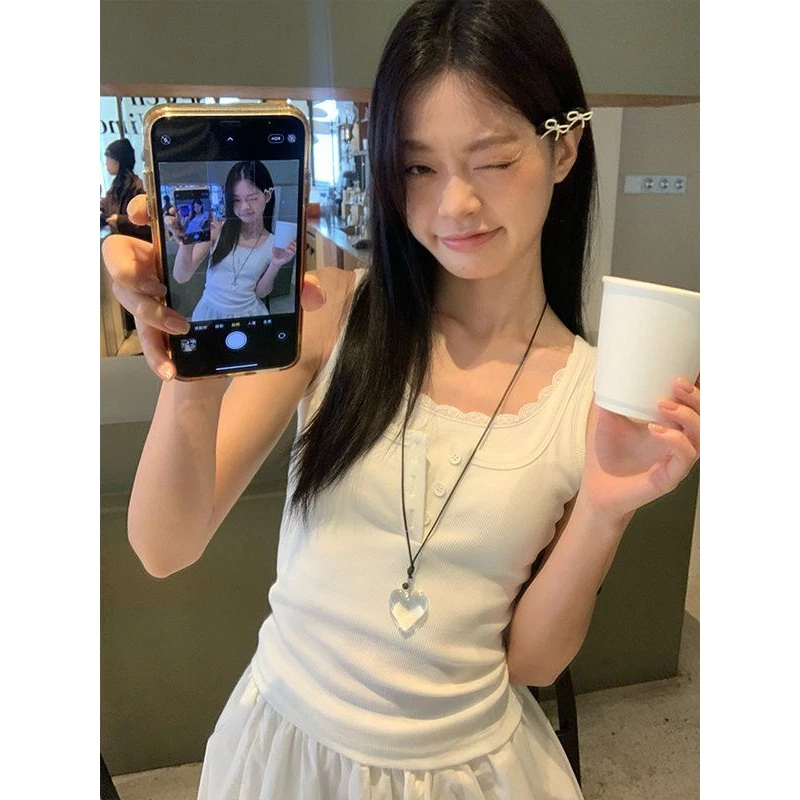 蕾丝花边假两件吊带背心女修身短款打底上衣显瘦白色百搭辣妹时尚