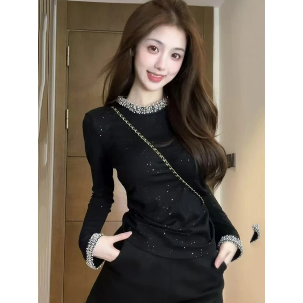 打底热钻圆领衬衫2025年春秋季新款时尚修身百搭长袖t恤减龄上衣