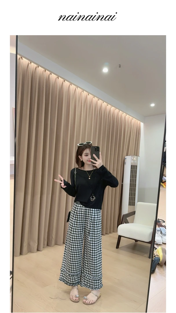 奈奈妮【蜜糖格】九分花边格子裤女2025夏季新款休闲显瘦百搭2583