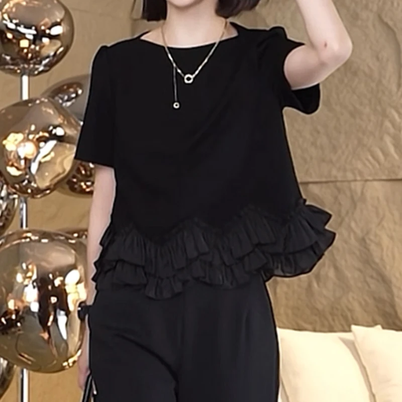 遮肚别致不规则上衣2025夏季新款胖MM大码女装荷叶边正肩短袖T恤