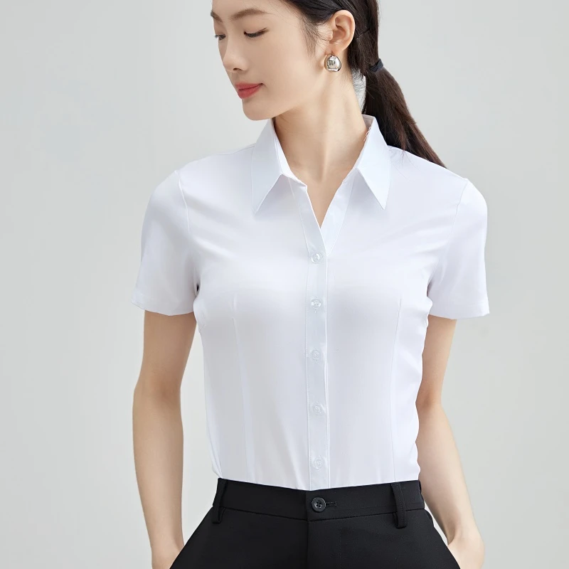 差评四面弹V领和方领可选女士短袖职业白色衬衫面试上班衬衣6816