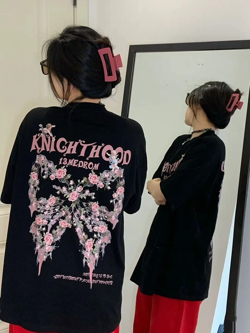 （重磅纯棉）复古玫瑰新品推荐高街穿搭高级感学生党短袖T恤新款
