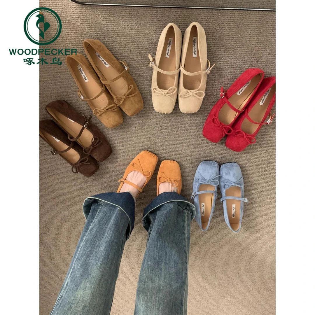 啄木鸟法式仙女风绒面方头单鞋女2025春秋新款蝴蝶结平底玛丽珍鞋