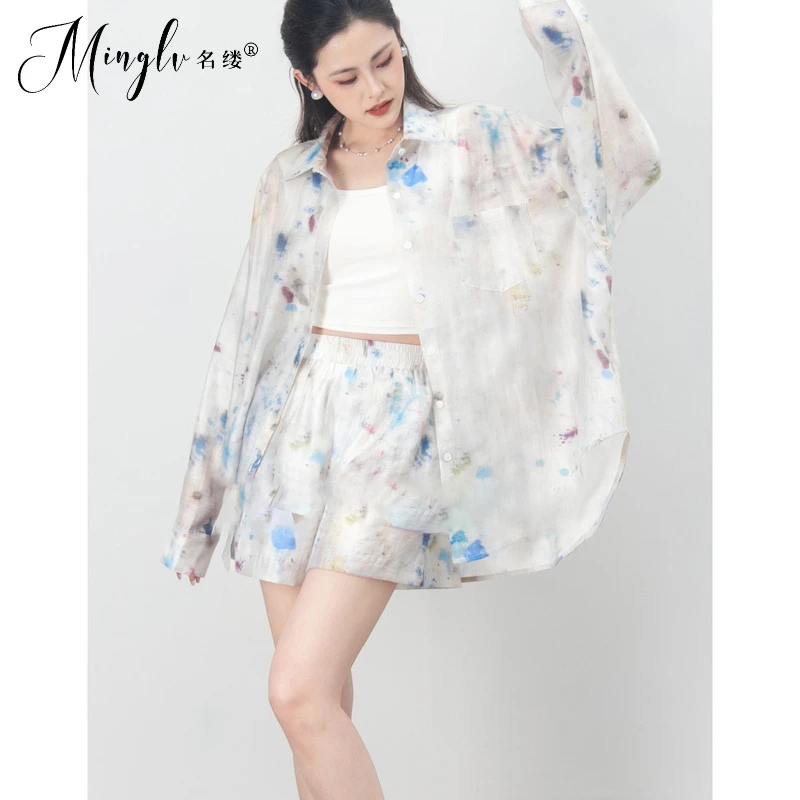 名缕轻奢晕染防晒服套装女2025夏新款韩系气质衬衫上衣短裤两件套