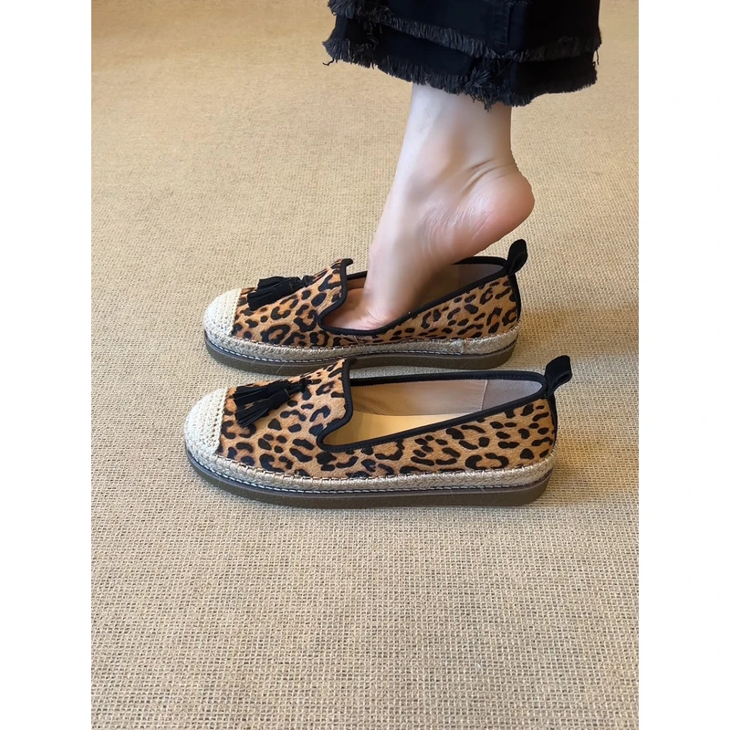 nnmiss·34-40/2.5cm小众休闲拼接圆头豹纹流苏一脚蹬中口乐福鞋女