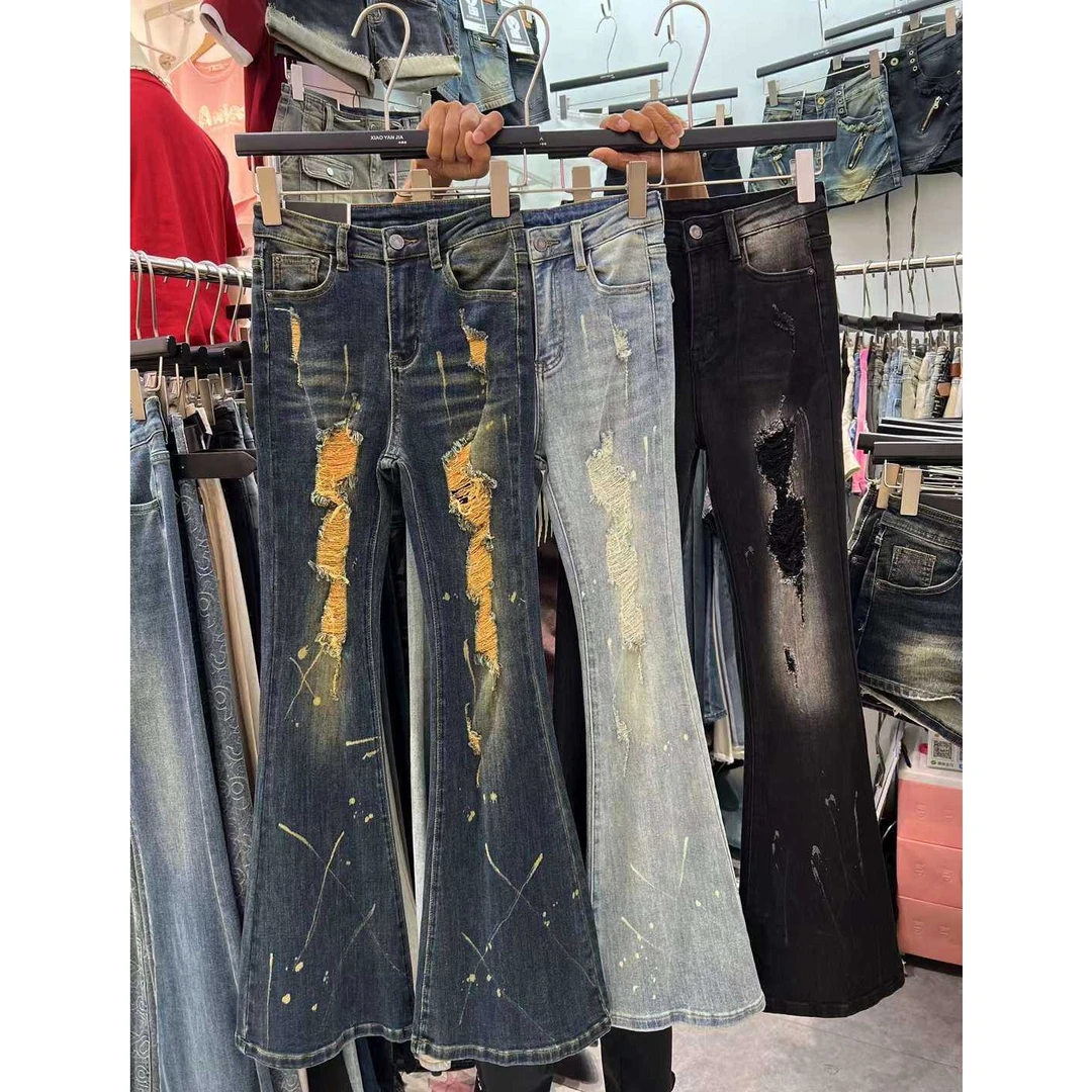 高个子加长复古做旧破洞牛仔裤女夏季高腰显瘦修身拖地微喇叭裤子