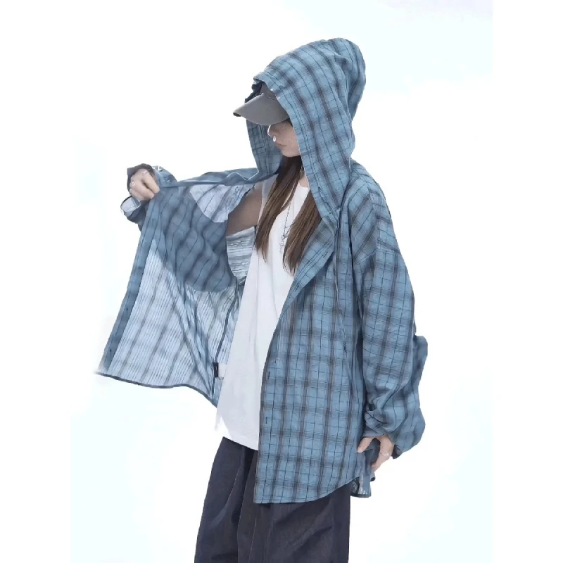 美式复古连帽格子长袖衬衫男女潮牌宽松衬衣防晒外套美式复古休闲