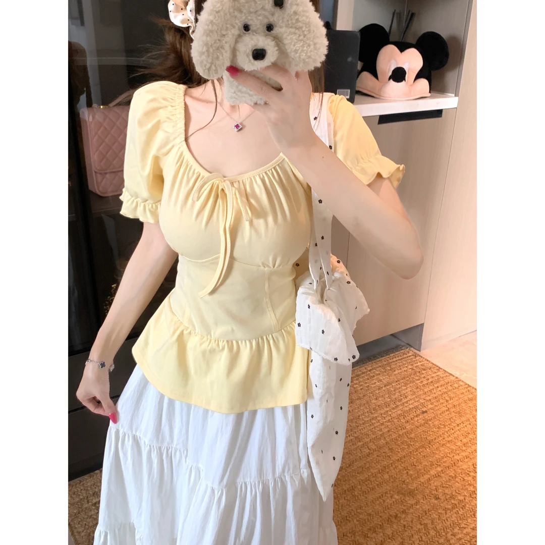 【贝蒂】大码女装短袖荷叶边上衣2025夏新款胖mm法式掐腰方领T恤潮